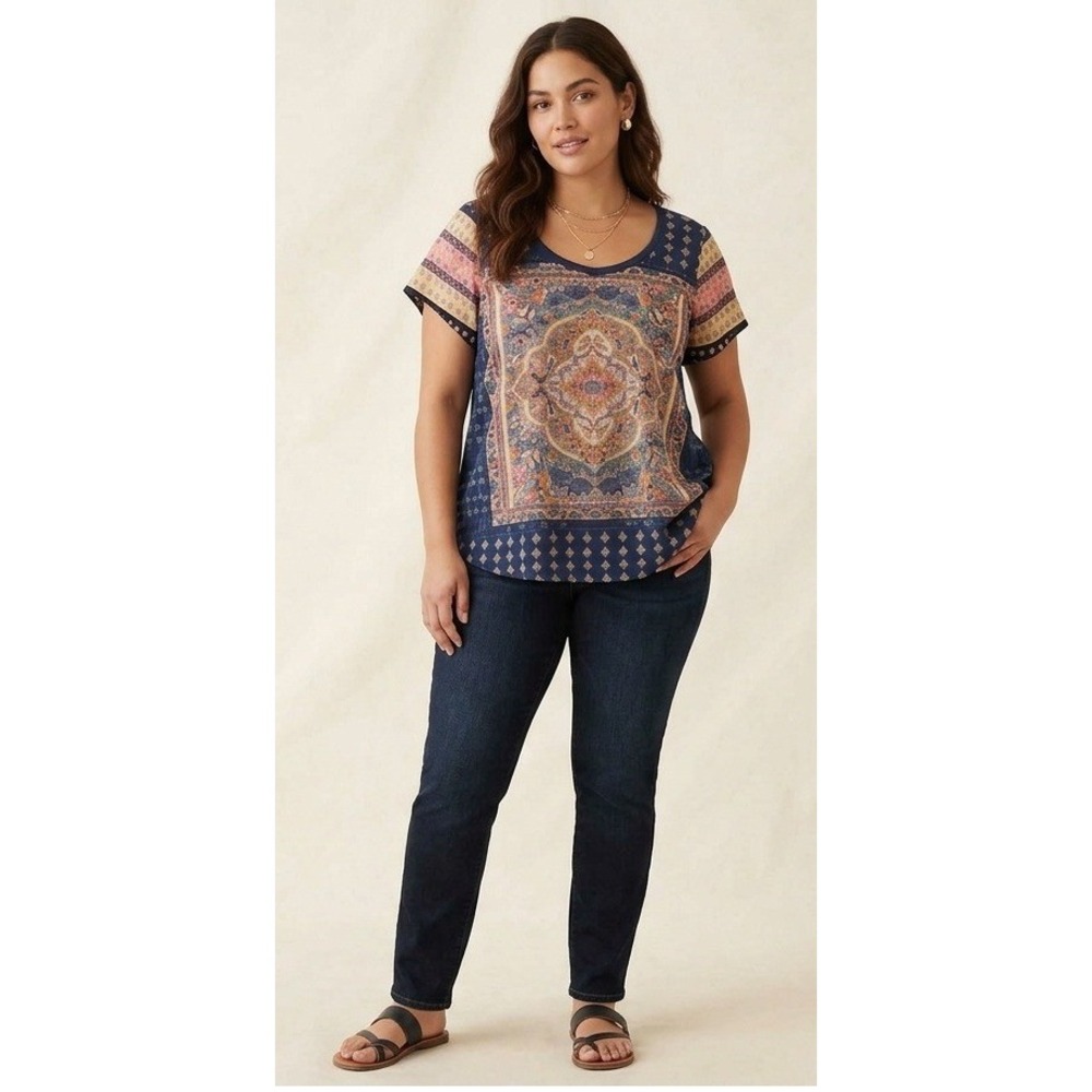 Lucky Brand Medallion Print Top Womens 1X Navy Blue Boho Short Sleeve 7QP8364